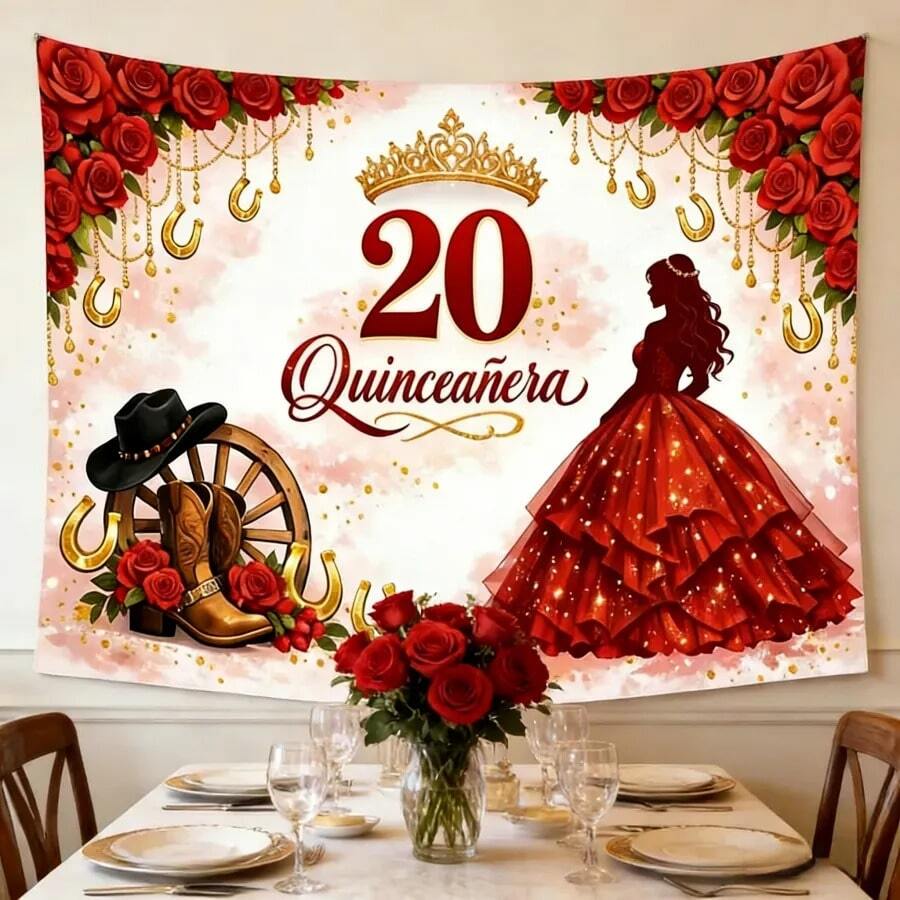 1pc 2D Flat Printing Birthday Backdrop Banner For Daughter/Besti | Fifteen Year Celebration Scene Background Cloth, Durable Photography Backdrop, Suitable For Outdoor Garden Decoration, Indoor Room Decor, Home Decor, Party Decorations, Cake Table Backdrops, Family Photo Props, Perfect For Family And Best Friends - 樣式 3 - 查看 1