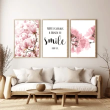 3pcs Nordic Style Floral Smiling Face Quote Wall Art - Pink Magnolia Flower Print, Pink Floral Decor Suitable For Living Room, Bedroom, Office - Simple Installation Canvas Wall Art, Fashionable Girl Art, Inspirational Quote Art, Home Decor, Painting - 3pcs - View 10