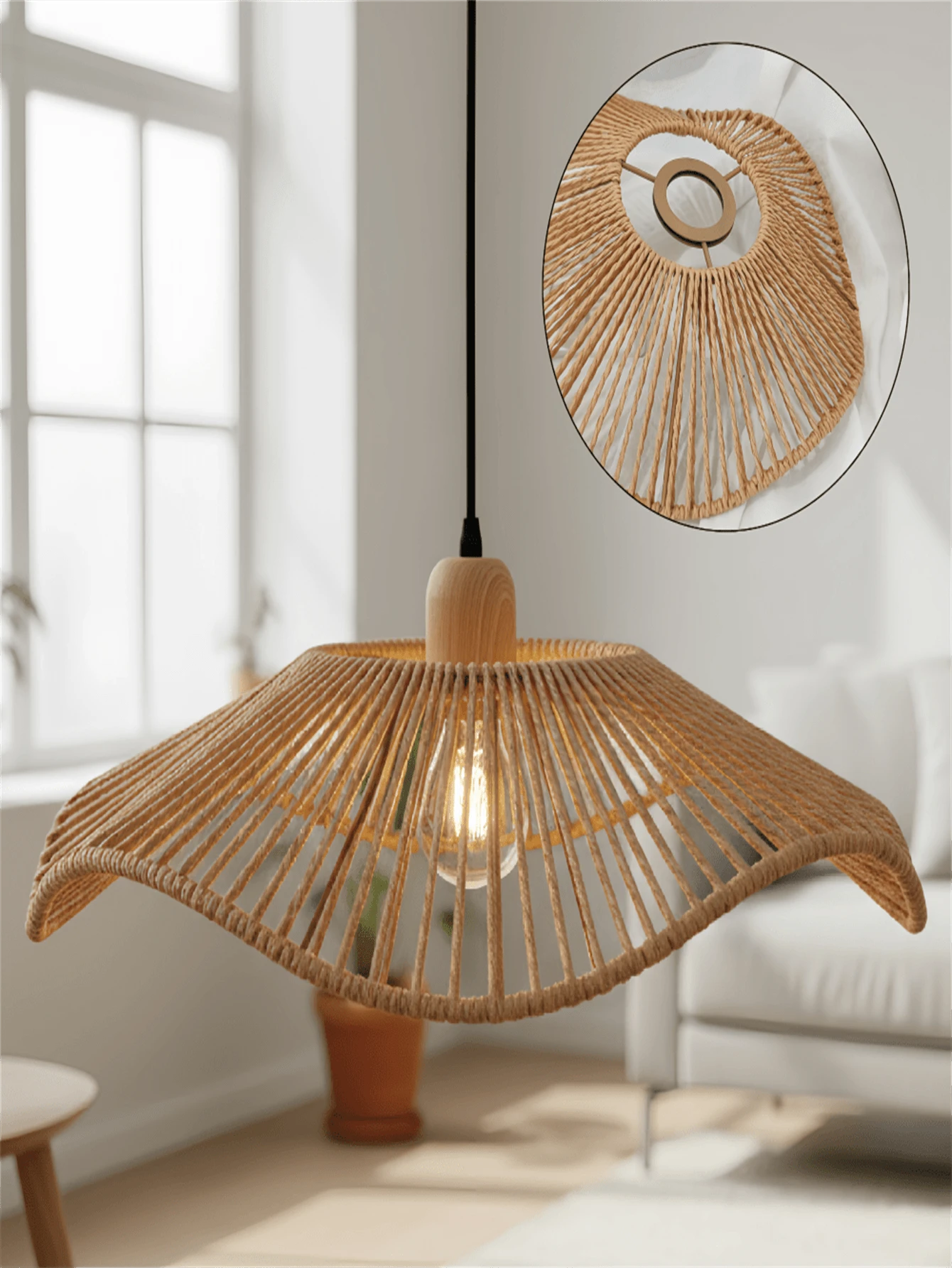 Delicate Ruffled Lamp Shade, Handwoven Boho Style Lamp Shade | Wicker Craft | Decor For Living Room, Dining Room, Bedroom | Bulb Not Included | Minimalist Packaging Design - A - View 1