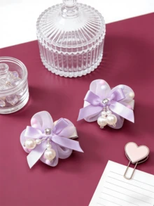 2pcs/Set Ethereal Purple Pearl Bow Side Clip, Sweet Headwear Hair Clip - Purple - View 7