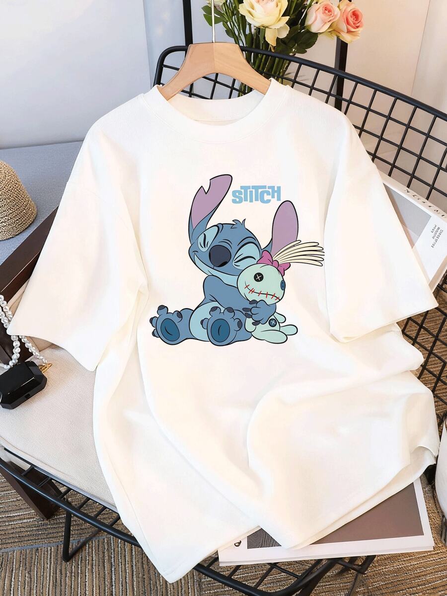 Women's White T-Shirt With Disney Minnie Mouse, Mickey Mouse, And Stitch Character Designs Is Especially Suitable For Warm Spring And Summer. - White - View 1