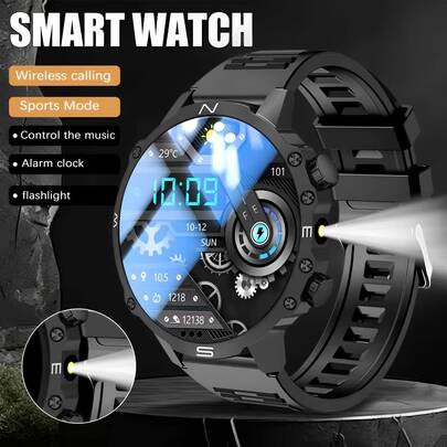 2026新款圆形LED手电筒男士优雅运动智能手表，可拨打/接听电话、计步、卡路里追踪、多种运动模式、来电和信息提醒，全屏触控，适用于安卓/iOS系统，精美礼品