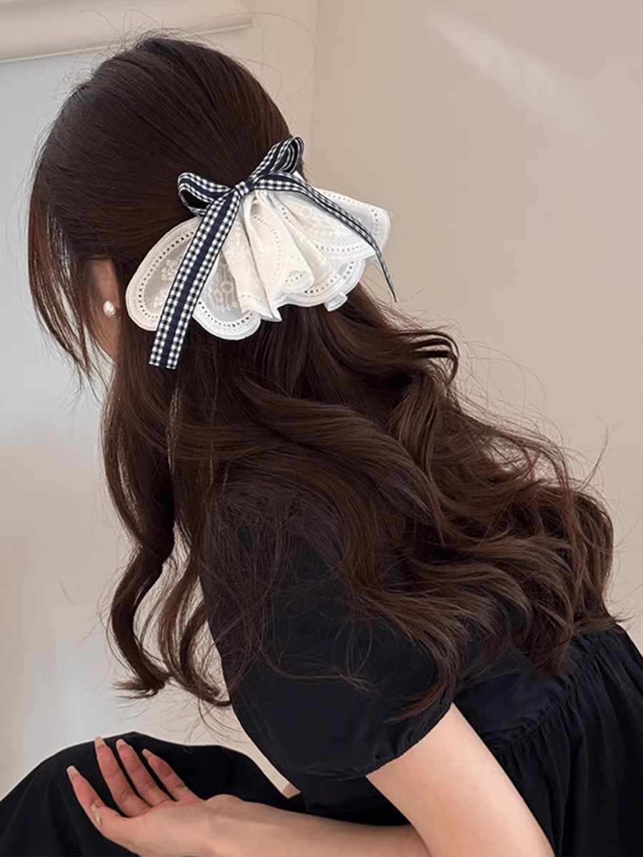 1pc Women's Blue & White Plaid Lace Bow Hair Clip, Spring/Summer Collegiate Style Ribbon Hair Accessory