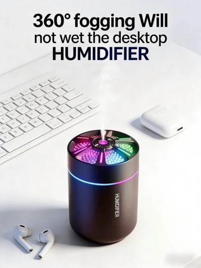 便携式迷你加湿器 | 彩色LED氛围灯 | USB供电 | 车载杯架式可爱加湿器，带RGB夜灯，运行安静，兼容香薰，非常适合汽车、办公桌、旅行和居家使用