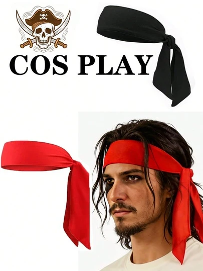 1条红黑海盗水手纯色头巾，多功能头饰，适合角色扮演、派对、表演、日常佩戴