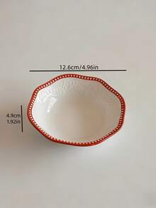 1pc Embossed Red Rim Ceramic Small Dish, Ins Style Snack Condiment Plate, Food Contact Tableware Dish, Suitable For Home, Restaurant, Gathering, Party - Red - View 2