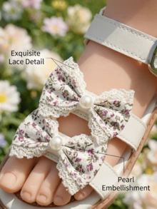 3-12 Years Old Girls Adjustable White Flower Bow Pearl Lace Hook And Loop Flat Sandals - Beige - View 8