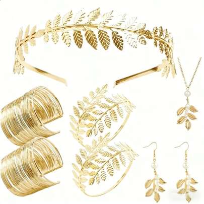 7-Piece Retro Greek-Style Set, Shiny Pearl Leaf Headpiece, Greek Costume, Bridal Pearl Leaf Headband And Earring Set, Spiral Bracelet, Necklace, Headpiece, Earrings, Luxurious Goddess Outfit And Accessories For Halloween Carnival Parties