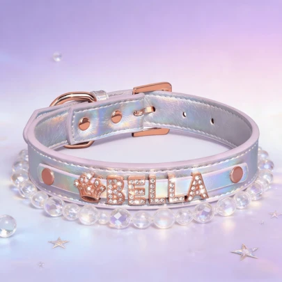 Laser Cut Leather Diamond Studded Letter Customized Dog Collar, PU Diamond Crown Personalized Pet Collar Necklace, Anti-Lost Adjustable ID Tag For Small & Medium Dogs