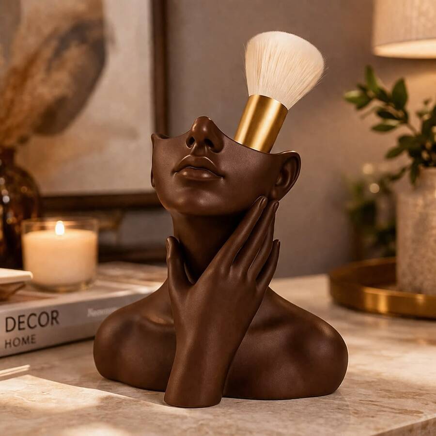 Makeup Brush Holder, Decorative Bust, Vanity Organizer, Modern Style, Premium Version - Rust Brown - View 1