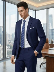 Herren 2-teiliges Anzug-Set Slim-Fit Formeller Blazer & Gestreifte Krawatte Für Geschäftstreffen Hochzeitsanlässe Tägliche Arbeit Veranstaltungen Soziale Reisen Looks - marineblau - Übersicht 1