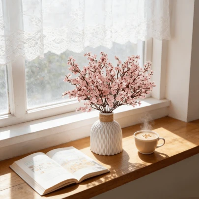 Bó hoa giả 6 bông hoa baby's breath, màu hồng ombre nhẹ nhàng, họa tiết hoa anh đào, trang trí sang trọng cho phòng khách và bàn ăn, cánh hoa mỏng manh, màu hồng ombre dần dần, kết hợp với thân màu nâu sẫm, lãng mạn và sống động. Thân dây thép dẻo giúp dễ dàng cắm vào bình, không cần tưới nước hay cắt tỉa.