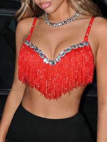 Belly Dance Tassel Sequined Top For Women, Adult Stage Performance Bra Top With Rhinestones - Multicolor - View 13