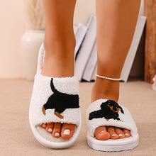Women's Plush Dachshund Slippers, Open Toe Design, Fluffy Soft Sole House Slippers, Mother's Day Gift - White - View 7