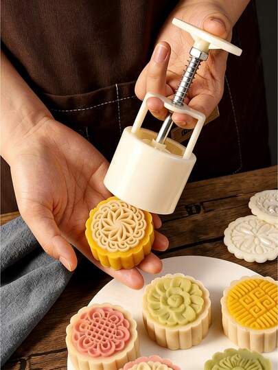 6pcs/Set Mooncake Mold, Mooncake Embossing Mold, Plastic Embossing Mold, Floral Mooncake Mold, 1 Mold With 5 Stamps, Mung Bean Cake Accessories, Chinese Snack, Dessert, Snow Skin Mooncake, Hand Press Style, Home Baking, Mid-Autumn Festival DIY