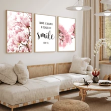 3pcs Nordic Style Floral Smiling Face Quote Wall Art - Pink Magnolia Flower Print, Pink Floral Decor Suitable For Living Room, Bedroom, Office - Simple Installation Canvas Wall Art, Fashionable Girl Art, Inspirational Quote Art, Home Decor, Painting - 3pcs - View 11