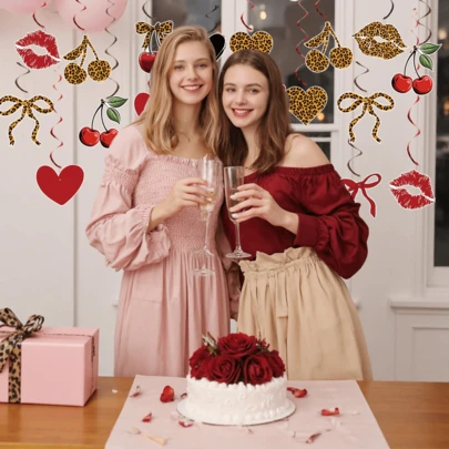 猎豹樱桃主题生日派对装饰，豹纹漩涡装饰，红黑猎豹樱桃图案卡片，野生动物主题生日派对装饰