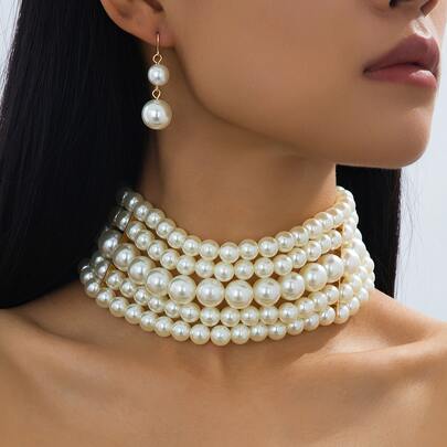 1 Minimalist Multi-Layer Necklace, 1 Pair Of Pearl Earrings, 1 Jewelry Set Elegant Faux Pearl Choker Necklace + Earrings Jewelry Set, Suitable For Women To Wear At Daily Parties Or As A Perfect Gift For Women