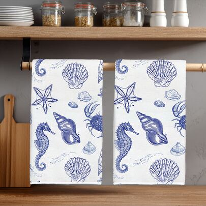 2条夏季海洋生物贝壳、海马、螃蟹图案厨房毛巾，柔软涤纶材质，适用于厨房装饰、清洁、节日派对装饰、厨房和浴室用品、家居装饰、乔迁礼物