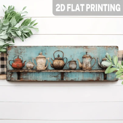 2D平面复古茶壶系列铁艺挂牌，单件装，农舍厨房图案墙饰，适用于餐厅、厨房、咖啡馆、茶馆等乡村风格墙面，农舍装饰，墙饰尺寸：4x16英寸，2D平面设计