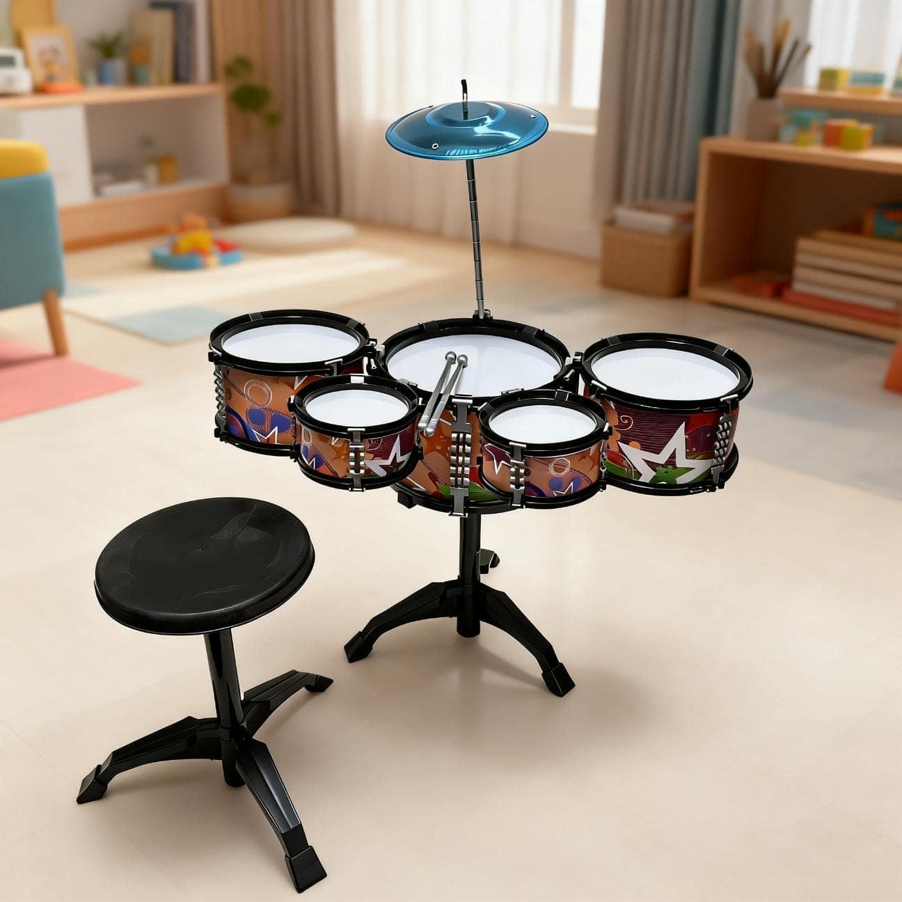 Batería de 5 piezas, adecuada para principiantes y entusiastas de la batería, juguete de instrumento musical, regalo de vacaciones y cumpleaños