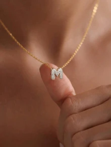 1pc Delicate Zirconia Inlaid Letter Pendant, Gold-Tone Copper Children's Jewelry Accessory, Party Decor Necklace Gift - Gold - View 1