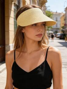 1pc Solid Color Straw Visor Hat, Windproof, UV Protection, 3D Design, Foldable, Fashion Versatile, Elegant Style, Soft & Comfortable, Suitable For Beach, Outdoor, Travel, Hiking, Cycling, And Various Occasions,Summer - Open Top - View 4