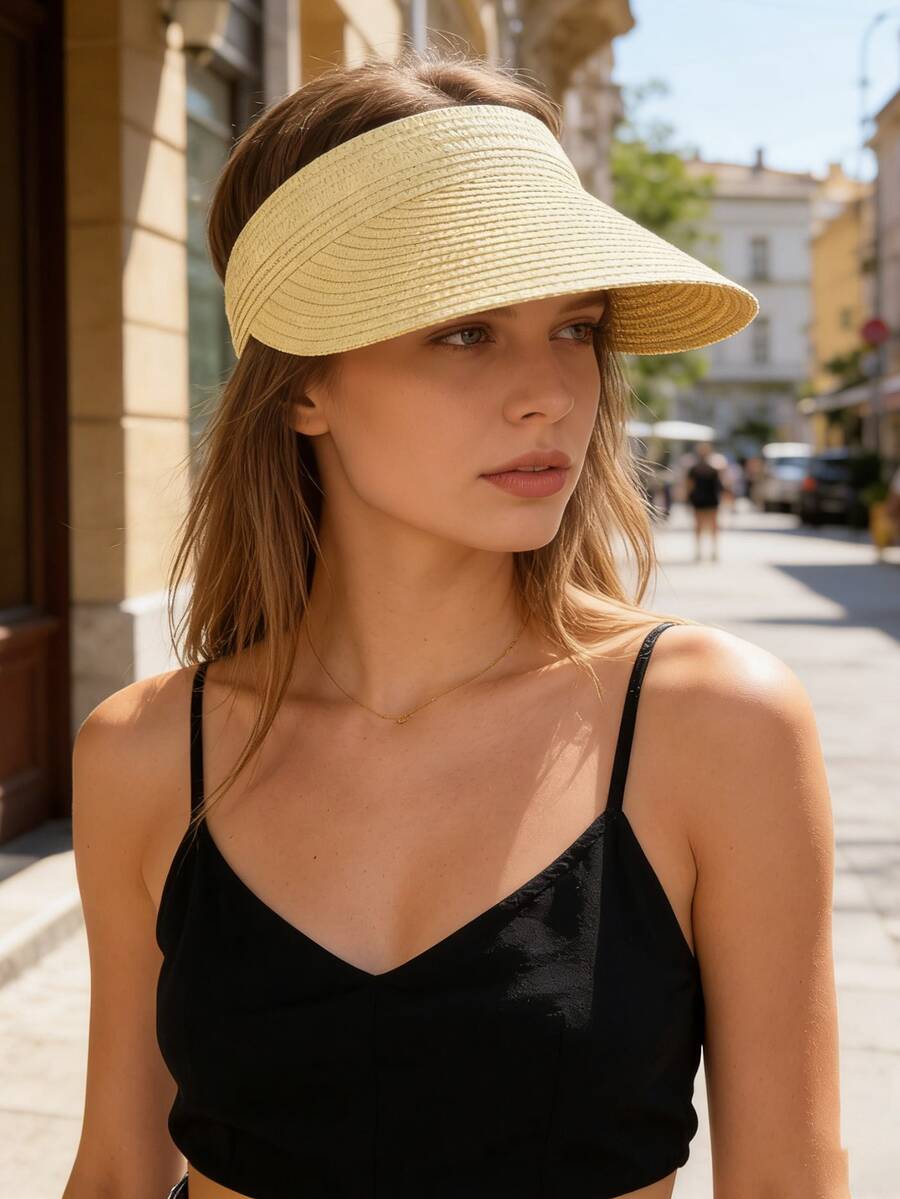 1pc Solid Color Straw Visor Hat, Windproof, UV Protection, 3D Design, Foldable, Fashion Versatile, Elegant Style, Soft & Comfortable, Suitable For Beach, Outdoor, Travel, Hiking, Cycling, And Various Occasions,Summer - Open Top - View 1