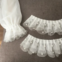 1码长，7厘米宽，奢华透明白色3D蕾丝贴花，带闪亮珠子和褶边，适用于婚纱缝制和婚礼用品 - 珍珠蕾絲帶 - 查看 4