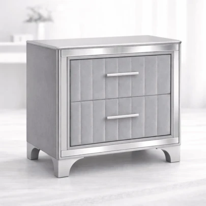 Mesita de Noche Contemporánea de Acrílico con Dos Cajones, Mesa Auxiliar Tapizada con Patas de Metal Plateado, Mesa Moderna para Dormitorio o Sala de Estar (22.64" Ancho x 15.75" Profundidad x 24.13" Altura)