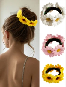 1pc Women's Fashion Bohemian Style Blue, Yellow, Pink Daisy & Sunflower Flower Hair Scrunchie, Suitable For Daily, Party, Decoration, Hair Accessories - Multicolor - View 13