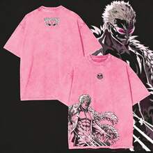 Vintage Washed One Piece Donquixote Doflamingo Heavenly Yaksha Pink Feather Coat Donquixote Pirates Logo Anime Graphic Oversized T-Shirt, Villain Character Streetwear Casual Short Sleeve Tops, Anime Shirts, Mens Clothes, Mens T Shirts, Y2k Clothes Vintage Washed Oversized T-Shirt, Unisex Casual Streetwear Japanese Anime T-Shirts, 100 Percent Cotton Mens Clothes, Unisex Graphic T Shirt - 玫紅色 - 查看 1