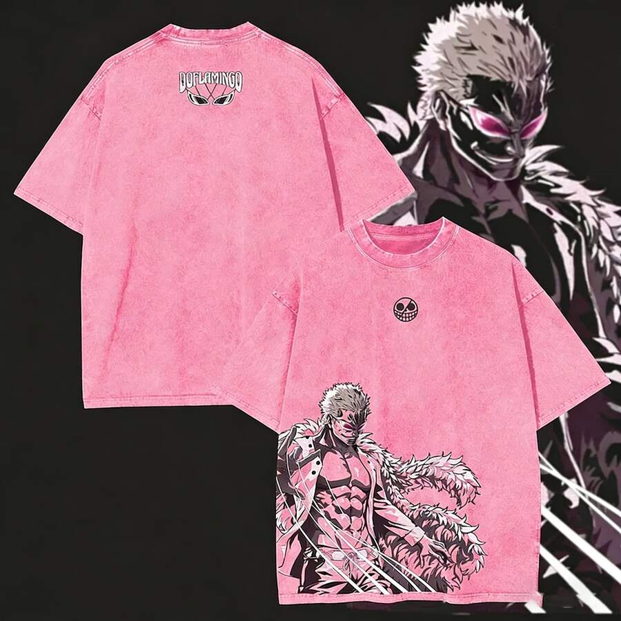 Vintage Washed One Piece Donquixote Doflamingo Heavenly Yaksha Pink Feather Coat Donquixote Pirates Logo Anime Graphic Oversized T-Shirt, Villain Character Streetwear Casual Short Sleeve Tops, Anime Shirts, Mens Clothes, Mens T Shirts, Y2k Clothes Vintage Washed Oversized T-Shirt, Unisex Casual Streetwear Japanese Anime T-Shirts, 100 Percent Cotton Mens Clothes, Unisex Graphic T Shirt - 玫紅色 - 查看 1