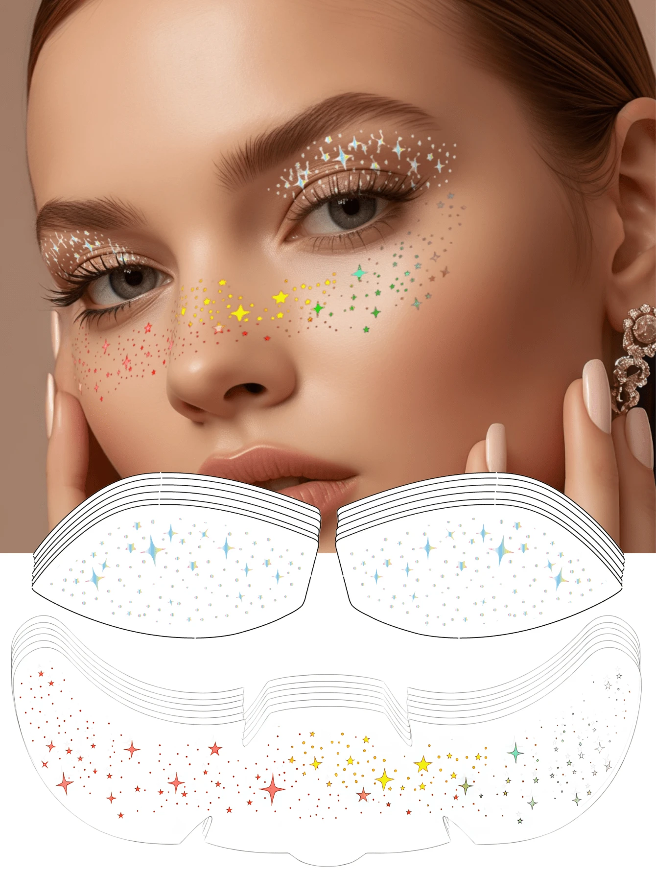 12 Stück glitzernde Augen-Tattoo Aufkleber, glänzende Sterne & Sommersprossen Gesichts-Hologramm Tattoo Aufkleber, wasserfeste glitzernde Augen-Make-up Aufkleber geeignet für Musikfestivals, Partys, Dates, Karneval - Verschiedenfarbig - Übersicht 1