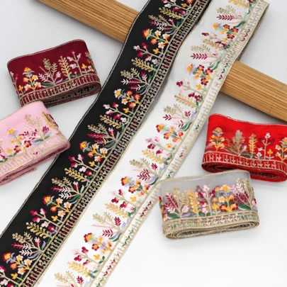 2026新款36英寸长【带刺绣】彩色花卉手工刺绣丝带，带蕾丝花边，精致刺绣，适用于服装和包包装饰，独特的装饰刺绣面料，带蕾丝花边，DIY服装配件