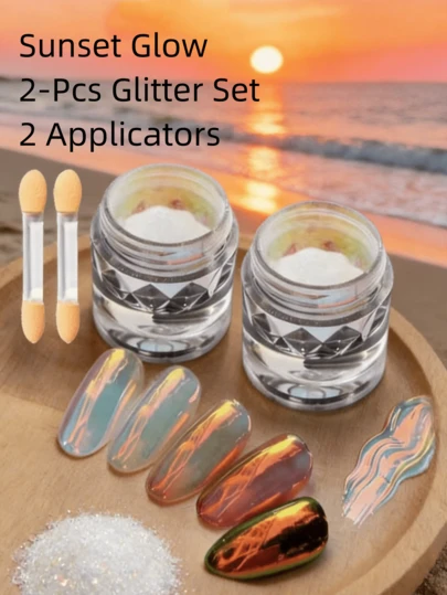 Set de 2 polvos de uñas con brillo de puesta de sol con 2 aplicadores, glitter holográfico de alto pigmento para principiantes en arte de uñas, fácil DIY de uñas espejo con frasco compacto y portátil (1G/piezas)
