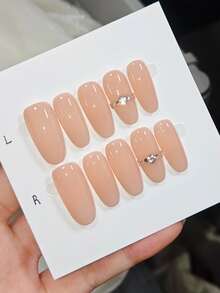10pcs Pure Handmade Press On Nails Long Oval Nail Nude Pink Nails Diamond Ring Cute Fancy Pain Y2k Gentle Stroble Flash Temperament For Women And Gril,Spring Summer Fall Winter,Holiday And Dailys Life Use - Beige - View 1