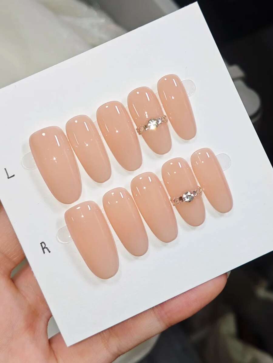 10pcs Pure Handmade Press On Nails Long Oval Nail Nude Pink Nails Diamond Ring Cute Fancy Pain Y2k Gentle Stroble Flash Temperament For Women And Gril,Spring Summer Fall Winter,Holiday And Dailys Life Use - Beige - View 1