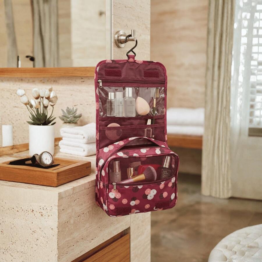 Travel Organizer With Hook, Multiple Compartments, Waterproof, Compact, Foldable, Ideal For Cosmetics, Accessories, Makeup, Premium Design - Flores de vino - Ver 1