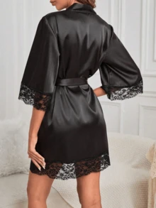 Áo choàng nữ viền ren satin, áo choàng cô dâu, quà tặng phù dâu, áo choàng ngủ ren buộc dây, áo choàng mùa hè, áo choàng đi học. - màu đen - Xem 1