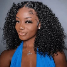 Curly Human Hair Wig With Bangs 13x4 Lace Short Water Wave Curly Glueless Wigs Layered Bob Wig Human Hair 250% Density Ready To Wear Wigs Glueless Human Hair For Women (12 Inch 1B Black) - Natural Black - 查看 2