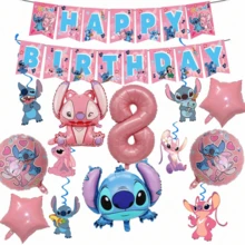 Bộ đồ dùng trang trí tiệc sinh nhật chủ đề Lilo & Stitch, bóng bay hình thiên thần Stitch bằng giấy bạc kèm bóng bay số màu hồng, băng rôn sinh nhật, phù hợp cho trang trí tiệc sinh nhật chủ đề Stitch. - Như hình minh họa. - Xem 9