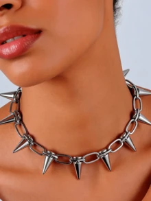 1pc Punk Studded Choker Necklace, Y2K Rock Style Chunky Chain Neck Accessory, Suitable For Women's Party And Daily Wear, Music Festival Dance Party Accessory, Halloween Accessory (Material Is CCB Plastic, Relatively Lightweight) - Silver - View 3