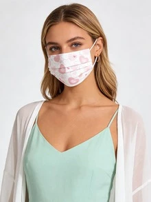 10/20/30个装可爱粉色爱心印花口罩 - 弹性透气白色口罩，适合女性和青少年，可水洗，时尚日常配饰，设计有趣，佩戴舒适 - 白色 - 查看 3