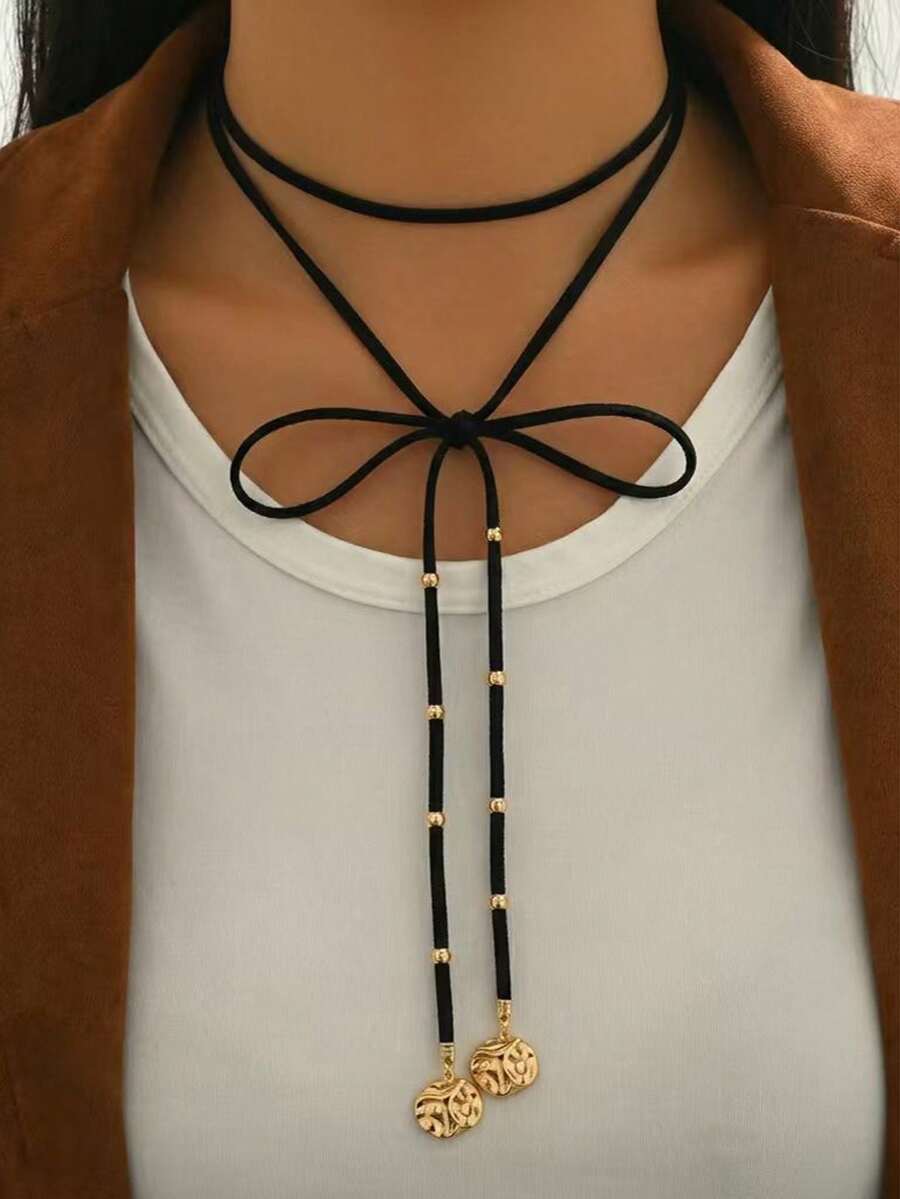 1pc Minimalist Vintage Black Cord With Metal Ball Multilayer Y-Necklace, Suitable For Daily Wear, Party, And Vacation - Multicolor-a - View 1