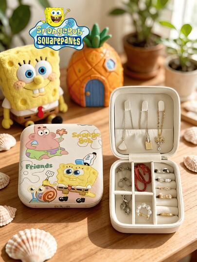  1pc SpongeBob SquarePants Themed 4-Grid Leather Jewelry Box, Cute Cartoon SpongeBob SquarePants Anime Random Style Colorful Luxury Multi-Compartment Storage Card Slot Anti-Oxidation Desktop Jewelry Box, Multi-Slot Vanity Jewelry Box, Bathroom Storage Box, Desktop Drawer Storage Box, Stackable Portable Travel Compact Storage Box, Jewelry Earrings Necklace Bracelet Hanging Accessories Display Box, Essential Storage Box For Ladies
