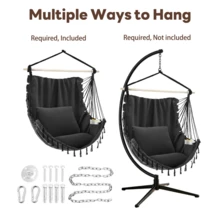 OLIXIS Hammock Chair With 2 Cushions, Hanging Swing Chair With Heavy Duty Metal Bar, Indoor Outdoor Boho Hanging Chair For Bedroom, Patio, Balcony And Backyard - 黑色 - 查看 8
