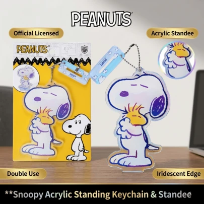  1 pieza Llavero y soporte de acrílico con licencia oficial de Peanuts, colgante y dije de bolso con borde iridiscente de aurora, regalo coleccionable lindo para fans de Peanuts