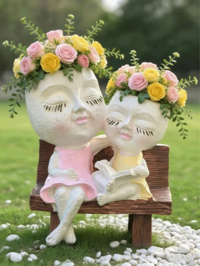 1pc Creative Resin Succulent Planter, Mother & Daughter Reading Planter, Home Succulent Planting, Round Indoor/Outdoor Flower Pot, Back To School Gift, Women's Day Gift, Suitable For Home And Garden Decor