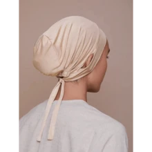 1pc Women Solid Color Silk-Like Rayon Embedded Drawstring Adjustable Headwrap Liner Hijab, Suitable For Daily Wear Abaya Accessories Breathable Under Cap Women Veil - Màu be - Xem 11
